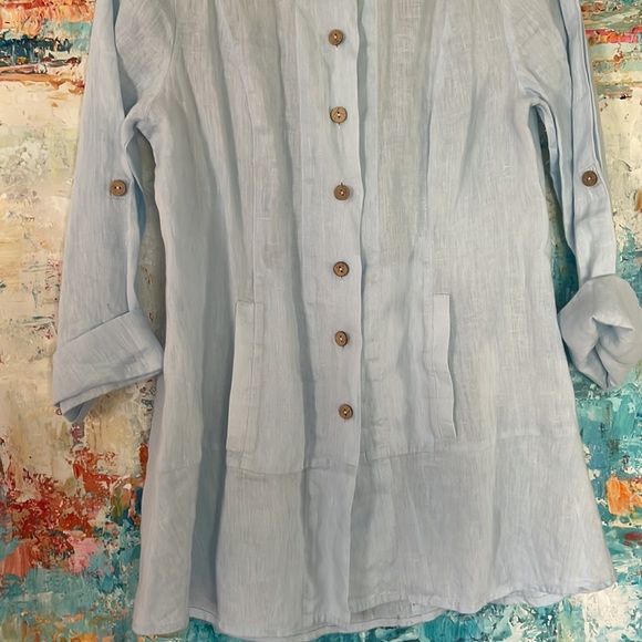 Soft Surroundings Linen Tunic Top Pockets Fitted Light Blue Lng Slv Sz XS - Picture 6 of 11